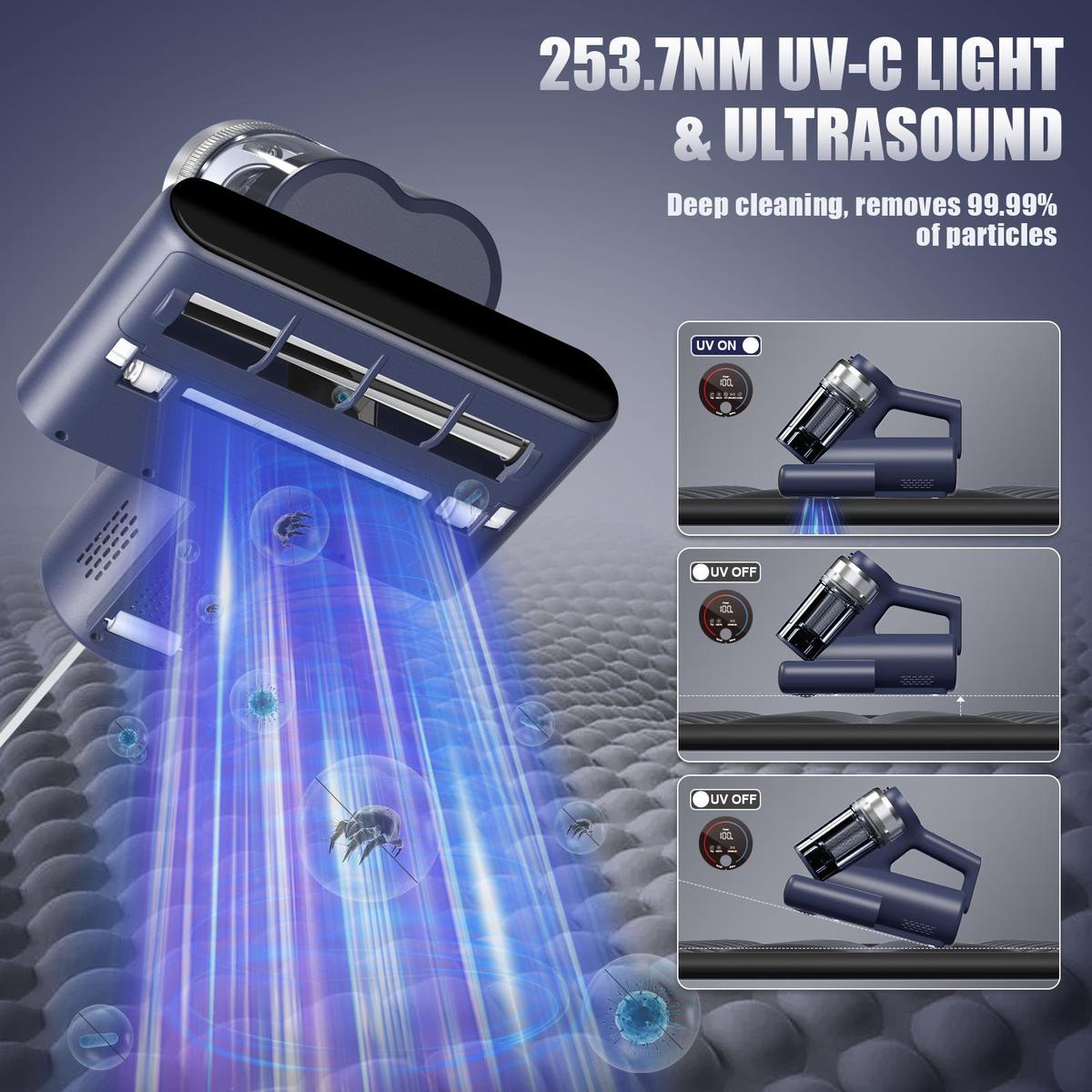 Teant Mattress Vacuum Cleaner for Dust Mites Removal, Bed Vacuum with UV-C Light & 149℉ Hot Air & Aroma Tablet & LED Display, Hyper Helix Motor&16Kpa Powerful Suction Double-Cup Handheld Vacuum Cleaner With HEPA Filter for Bed Couch Sofa